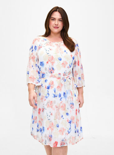 Mönstrad plisserad klänning med knytband, White/Blue Floral, Model image number 0