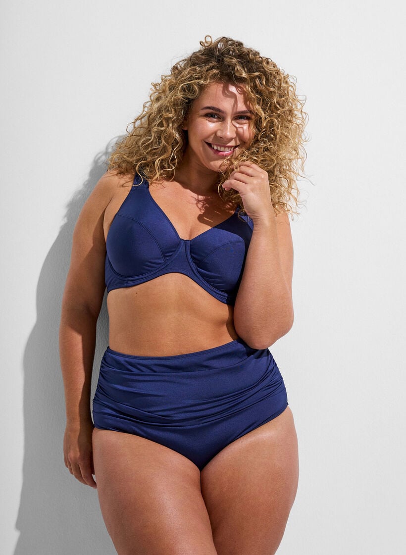 Bikinitrosa med drapering och h&ouml;g midja, Bl&aring;, Model image number 0