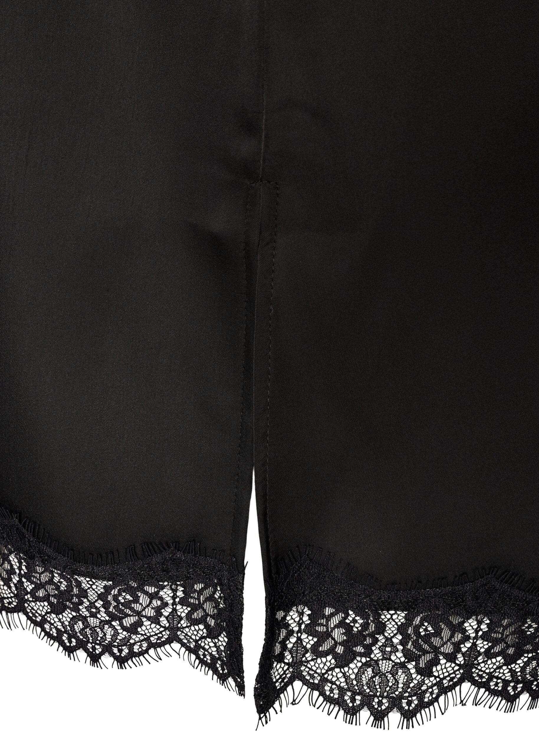ZizziL&aring;ng topp i satin med spetskanter, Svart, Packshot image number 3