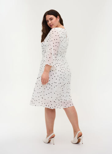 Plisserad klänning med mönster och knytband, Bright White w. Dots, Model image number 1