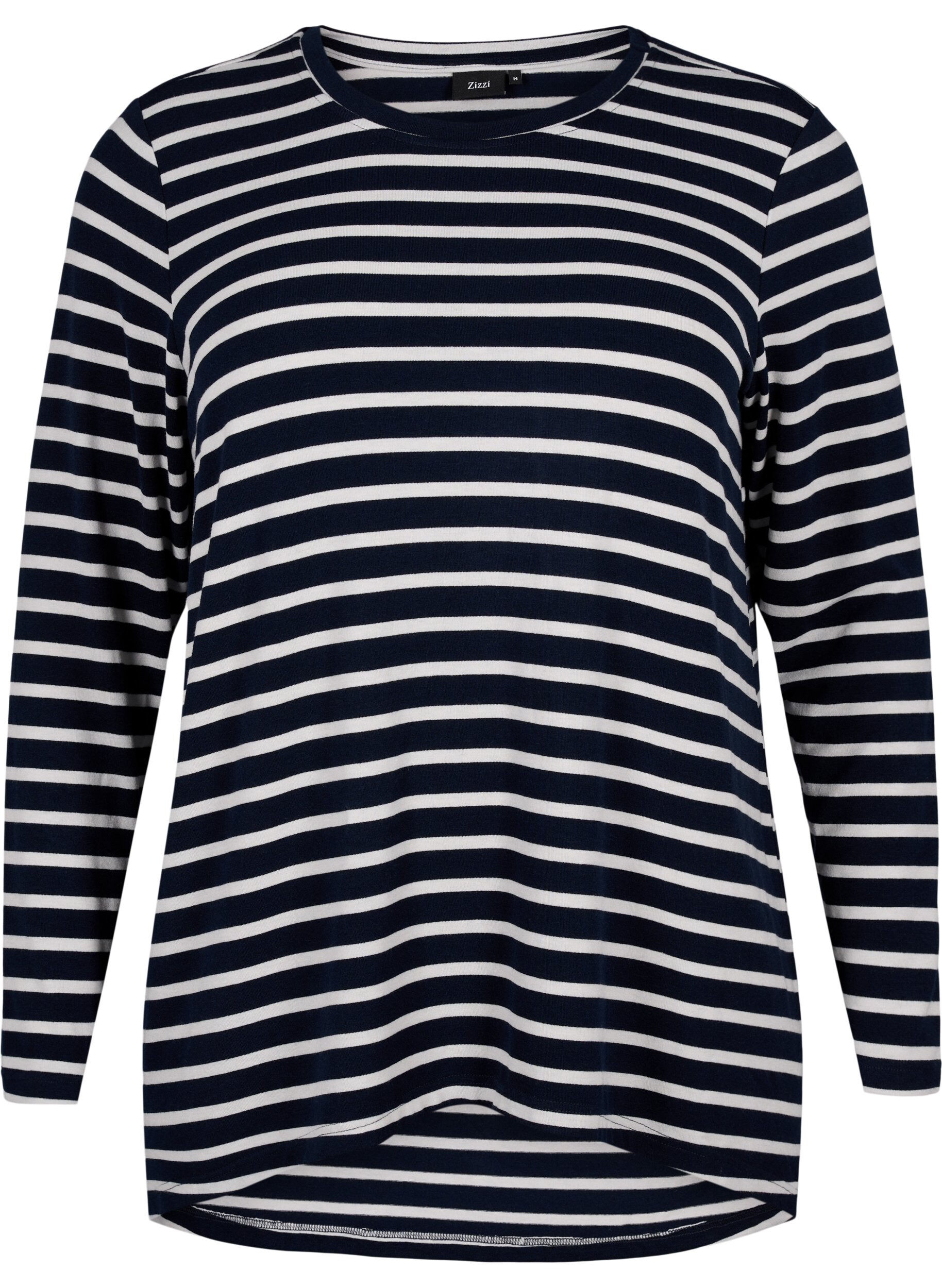 Zizzi L&aring;ng&auml;rmad blus med r&auml;nder, Evening Blue Stripe, Packshot image number 0
