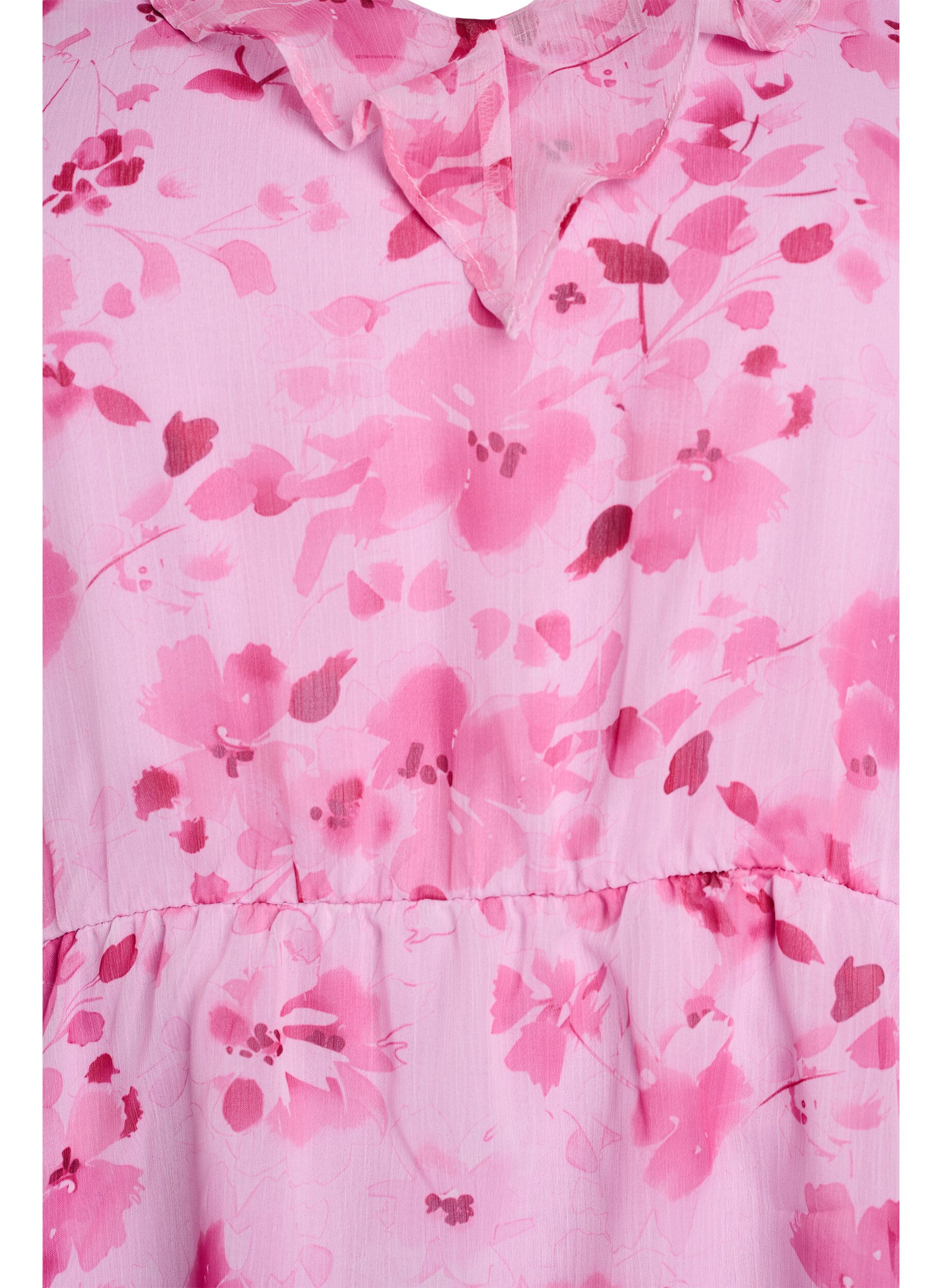ZizziBlommig blus med volangkrage och peplumeffekt, Rosa, Packshot image number 2