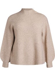 Ribbstickad tr&ouml;ja med puff&auml;rmar och knappar, Beige