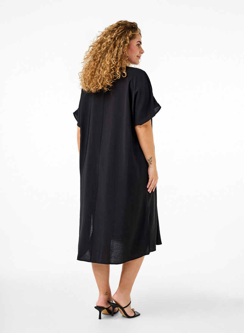 Kl&auml;nning med v-ringning i viskos, Svart, Model image number 1