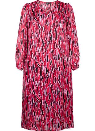 Långärmad midi-klänning med tryck, Fuchsia Pink AOP, Packshot image number 0