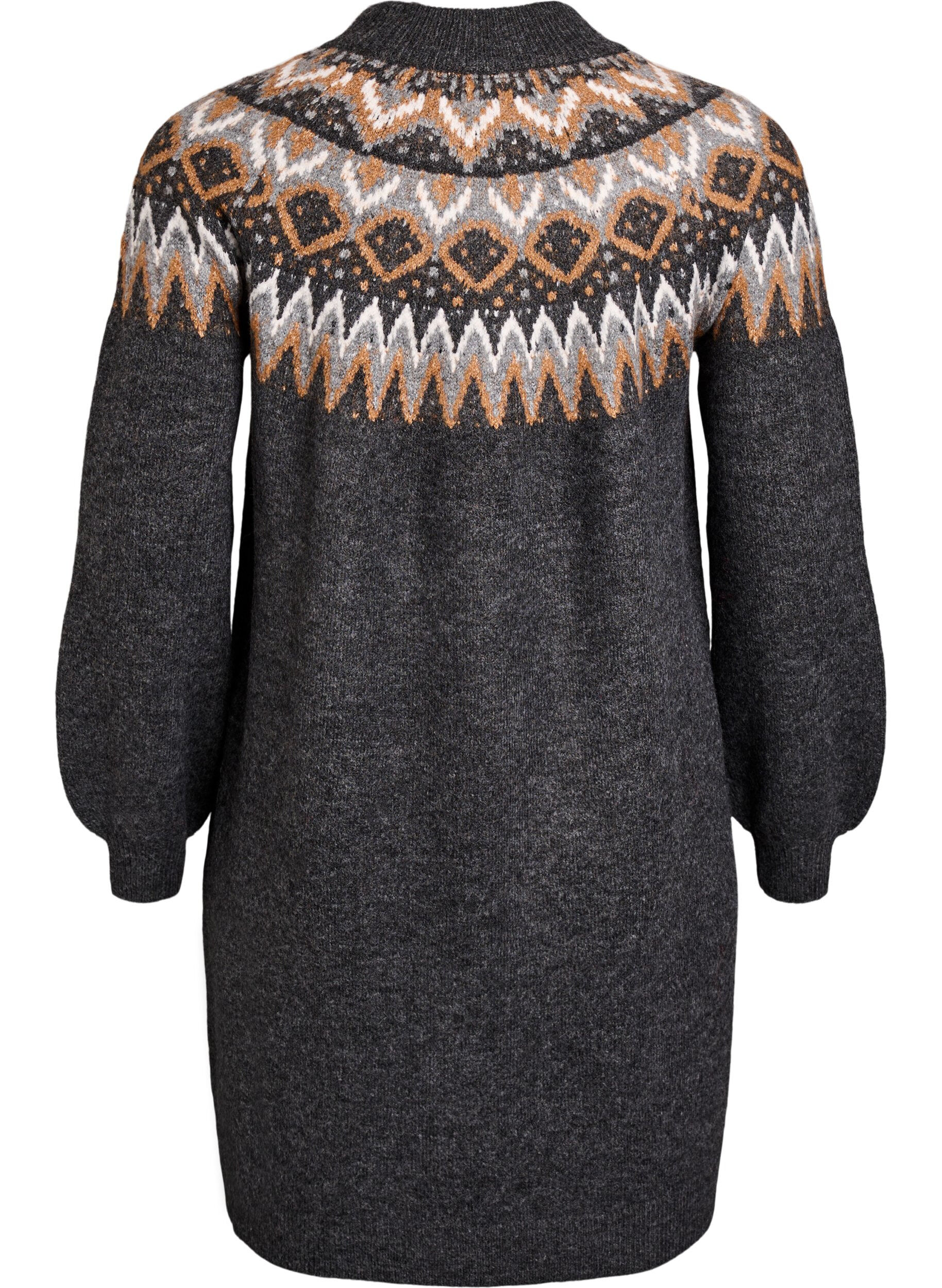 Zizzi Stickad kl&auml;nning med jacquardm&ouml;nster och ballong&auml;rmar, Gr&aring;, Packshot image number 1