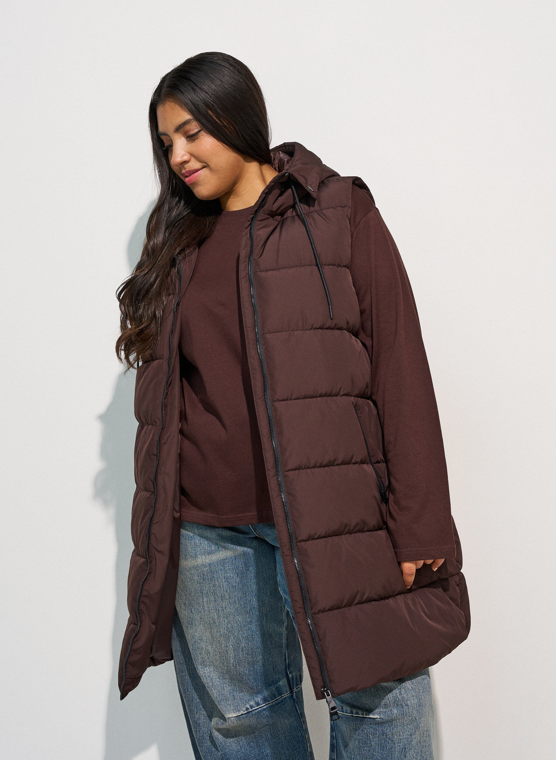 ZizziL&aring;ng v&auml;st med huva och fickor, Brun, Model image number 3