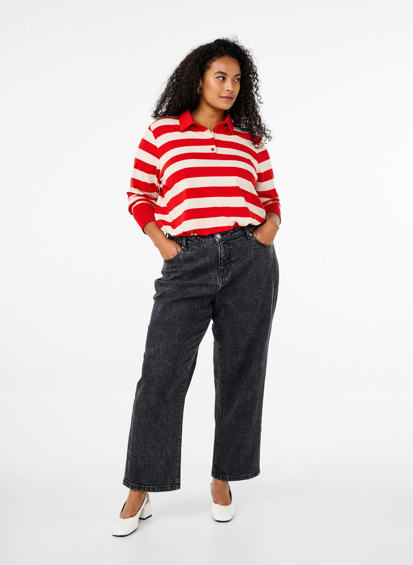 Randig långärmad pikétröja, Röd, Model image number 1