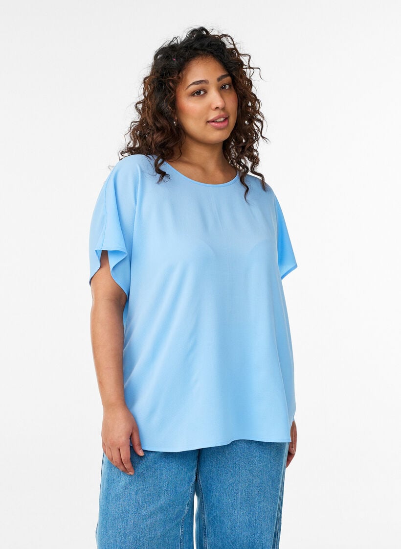 Blus med korta &auml;rmar och rund halsringning, Bl&aring;, Model image number 0