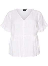 Blus i linne och viskos med v-ringning och kn&auml;ppning, Vit