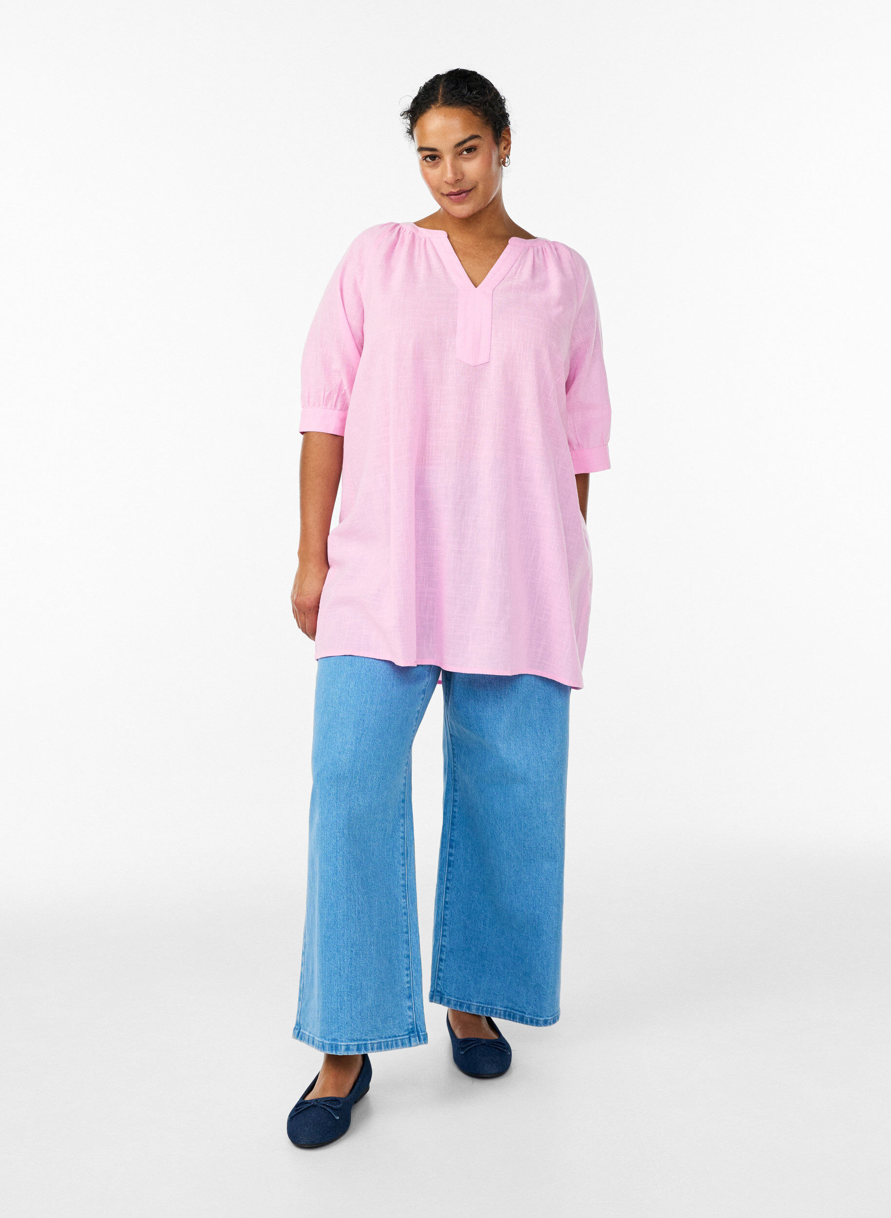 ZizziTunika i bomull med v-ringning, Rosa, Model image number 1