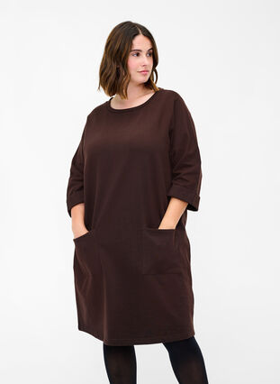 Sweatshirtklänning i bomull med 3/4-ärmar och fickor, Molé, Model image number 0