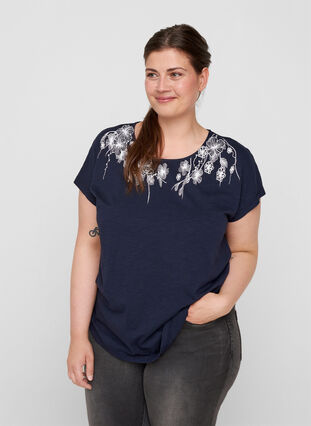 T-shirt i bomull med tryck längst upp, Night Sky FLOWER, Model image number 0