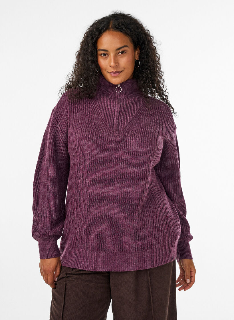 Stickad tr&ouml;ja med h&ouml;g hals och dragkedja, Lila, Model image number 0