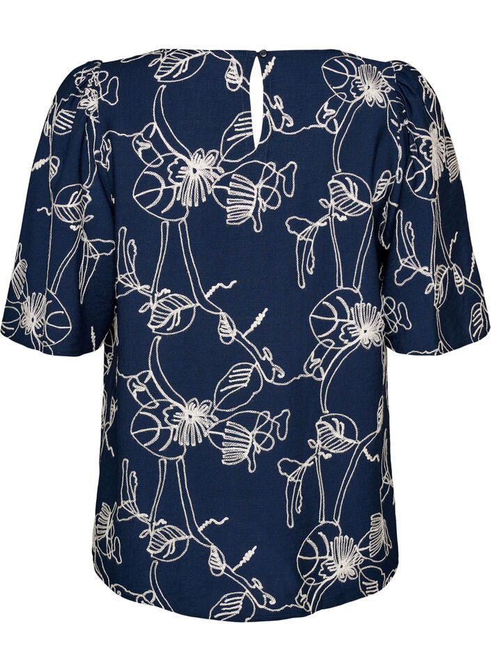 Kort&auml;rmad blus med broderat m&ouml;nster, Bl&aring;, Packshot image number 1