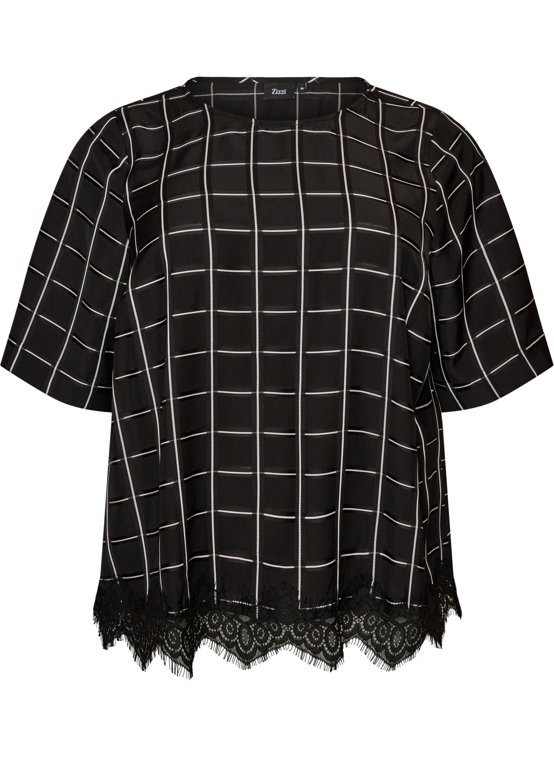 ZizziRutig blus med spetskant och armb&aring;gsl&aring;nga &auml;rmar, Svart, Packshot image number 0