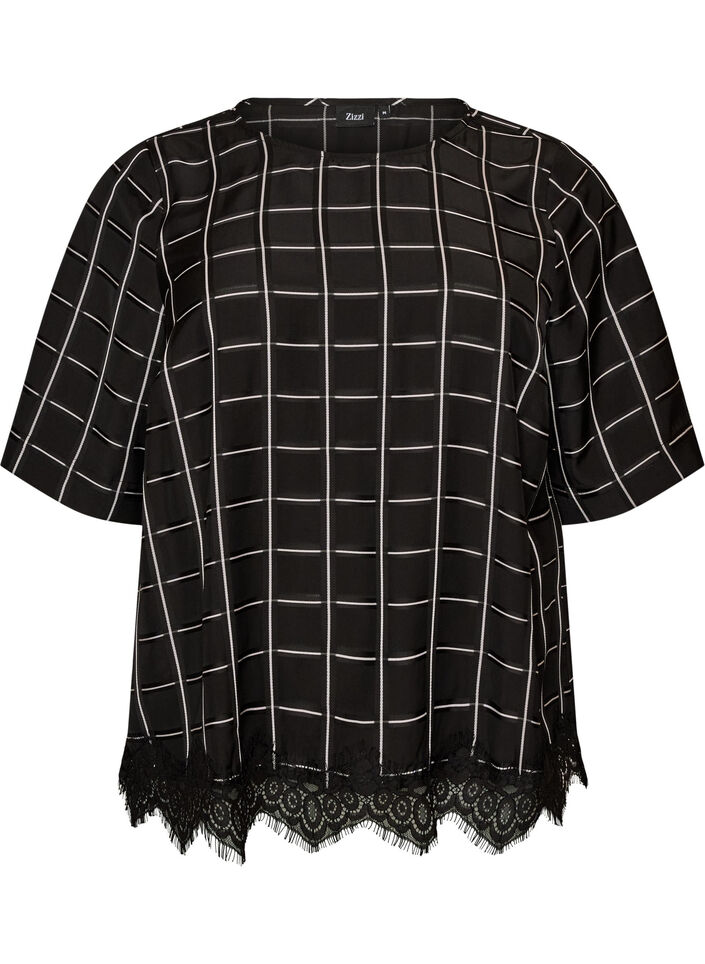 Rutig blus med spetskant och armb&aring;gsl&aring;nga &auml;rmar, Svart, Packshot image number 0