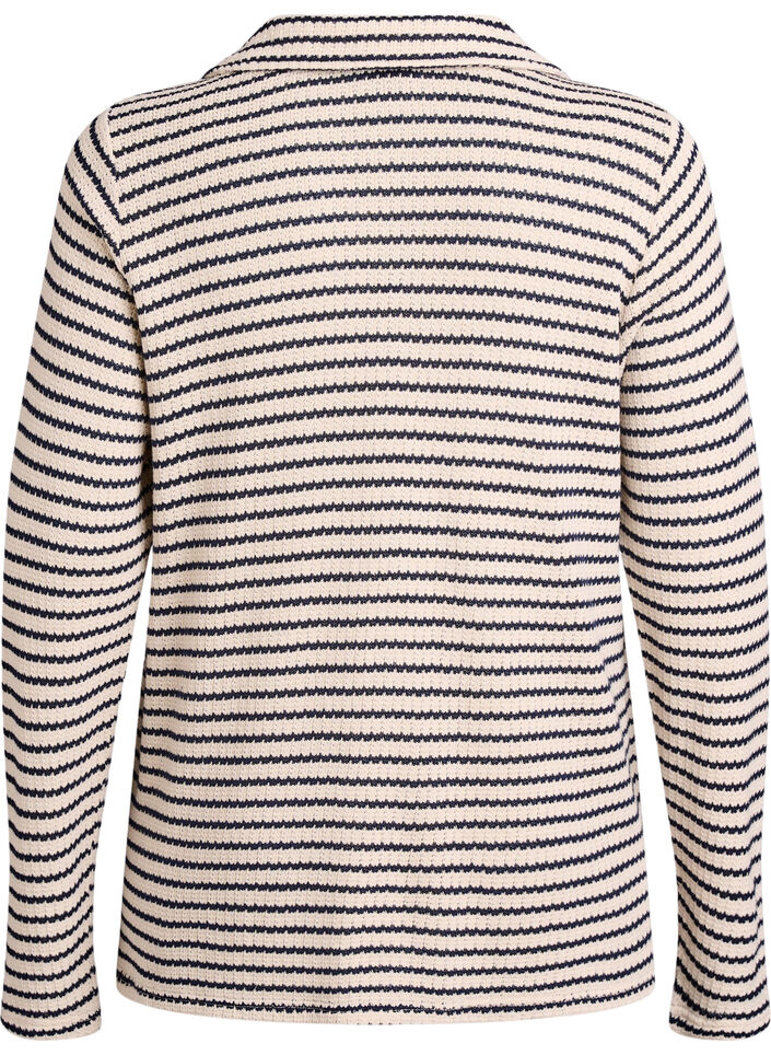 Randig blus i jersey med krage och v-ringning, Beige, Packshot image number 1