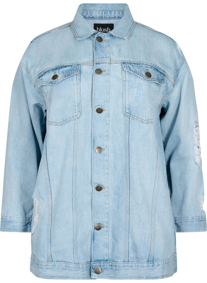 Löst sittande jeansjacka med slitdetaljer, Light blue denim, Packshot image number 0