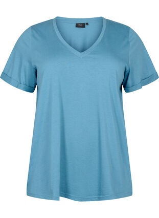 V-ringad t-shirt i bomull, Aegean Blue, Packshot image number 0