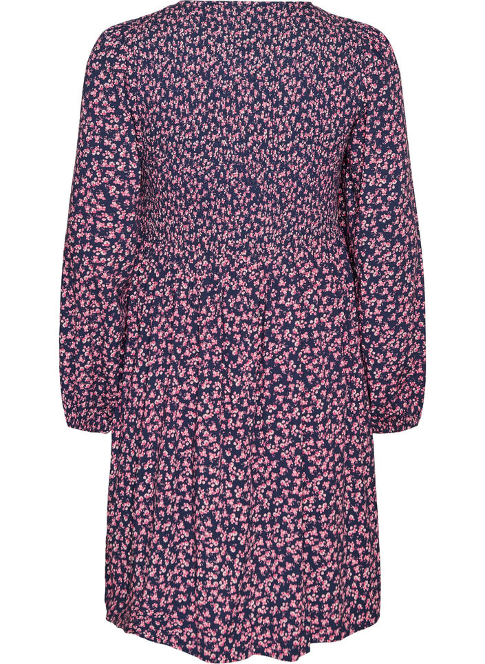Kl&auml;nning med smock upptill och sm&aring;blommigt m&ouml;nster, Bl&aring;, Packshot image number 1