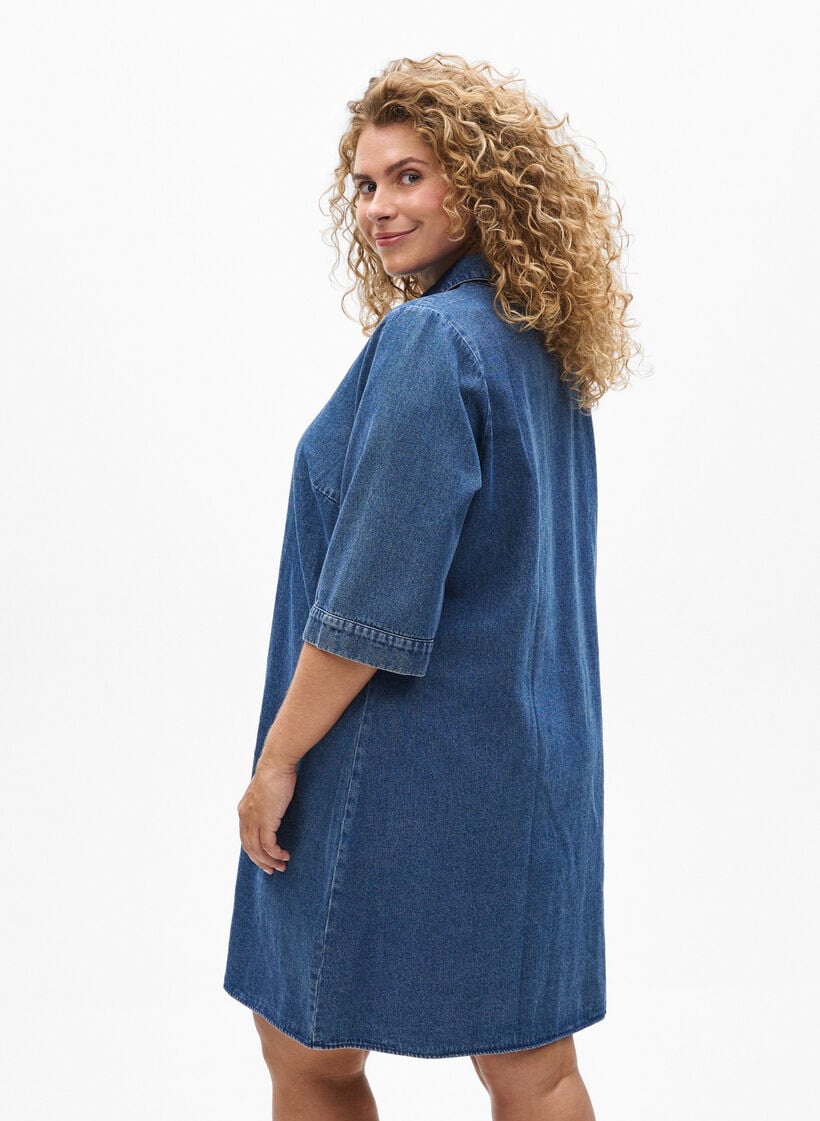 Kort denimkl&auml;nning med dragkedja och trekvarts&auml;rmar, Bl&aring;, Model image number 2