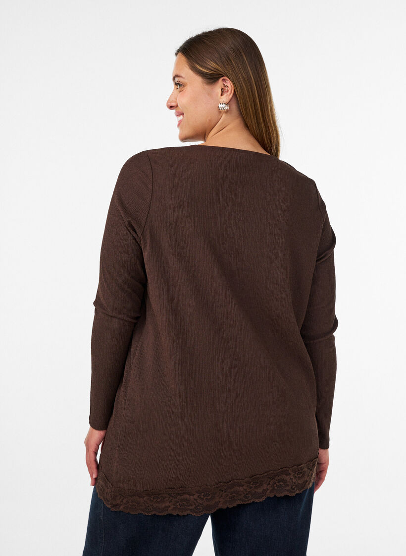 Blus i jersey med asymmetrisk spetskant, Brun, Model image number 2