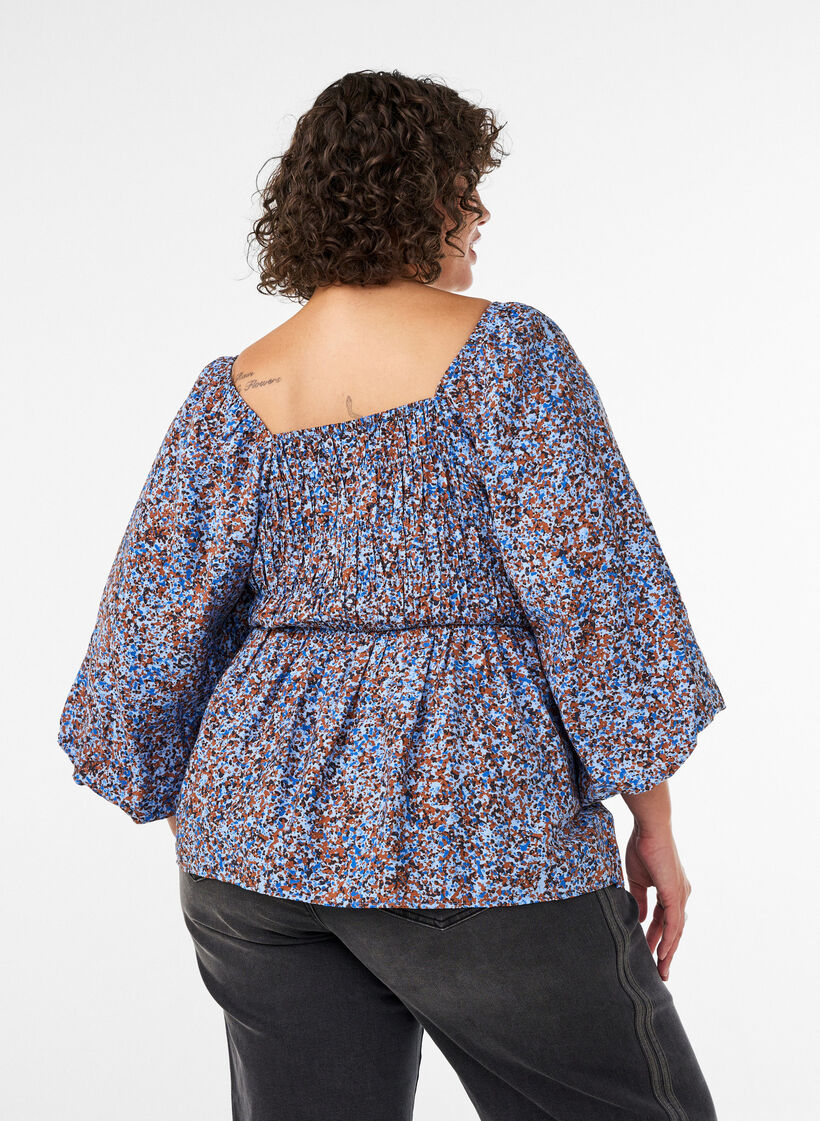 Blus med smock och fyrkantig ringning, Bl&aring;, Model image number 2