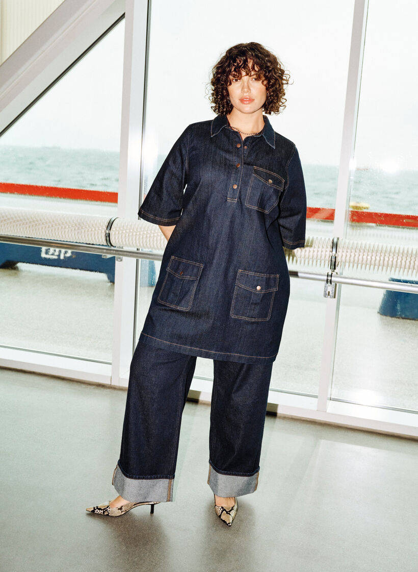 Jeansklänning med stora fickor och 3/4-ärm, Blå, Image image number 0