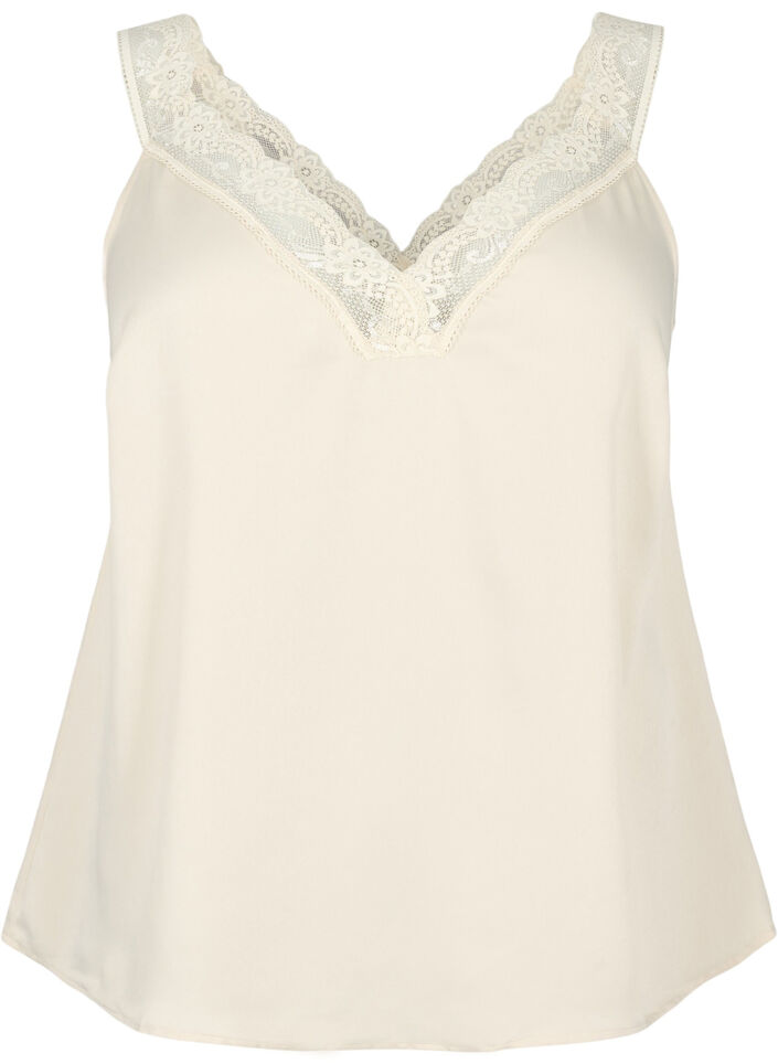 FLASH – Topp med V-ringning och spetskant, Fog, Packshot image number 0