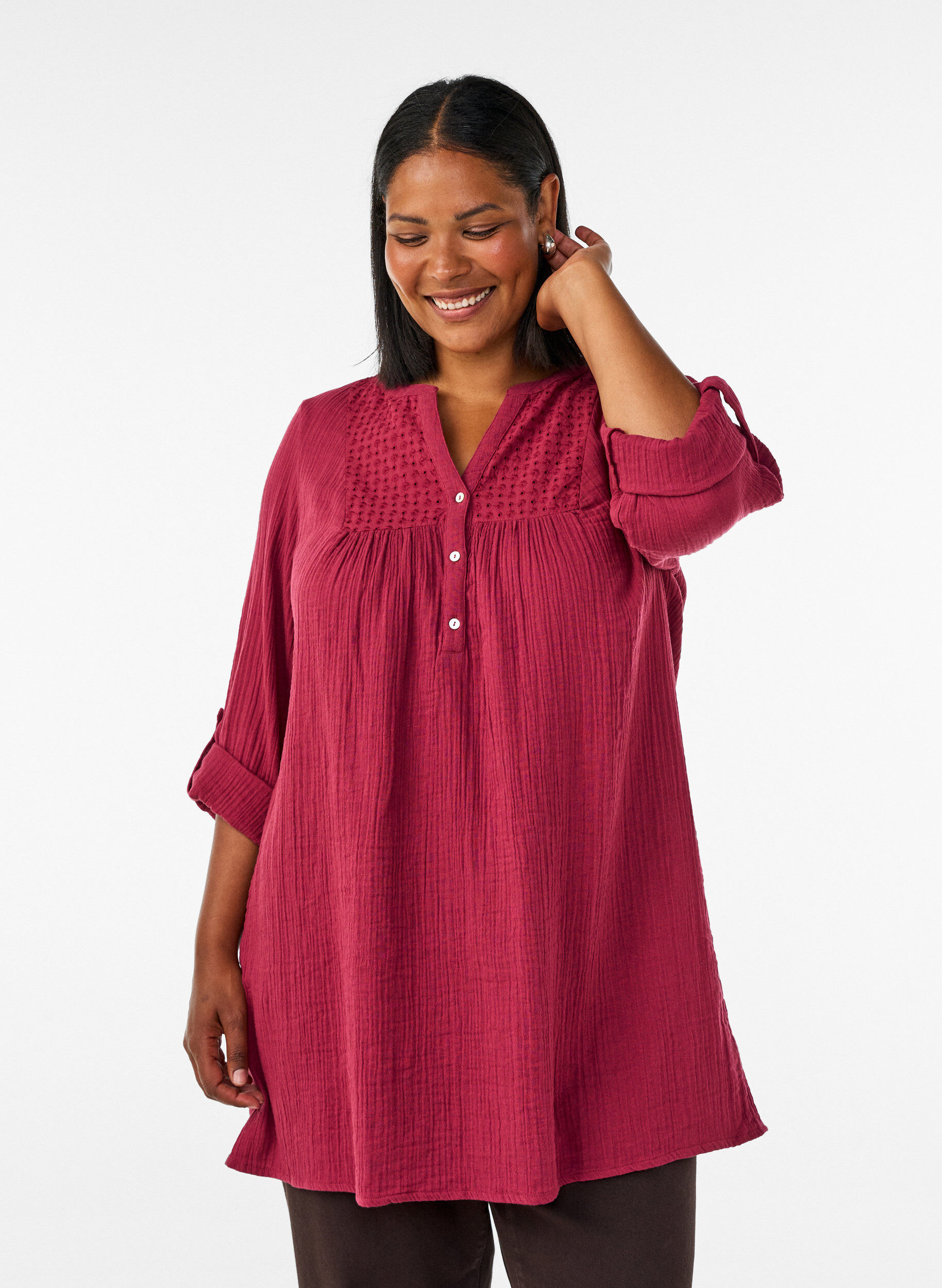 ZizziTunika i bomullsmuslin med broderie anglaise, R&ouml;d, Model image number 0