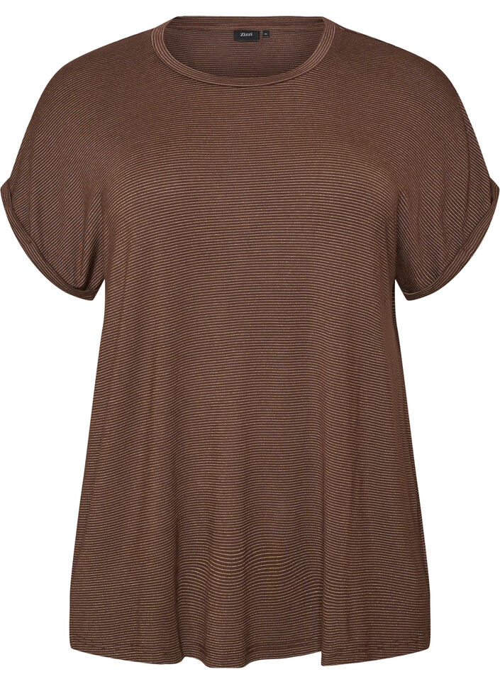 T-shirt i viskos med glitterr&auml;nder, Brun, Packshot image number 0