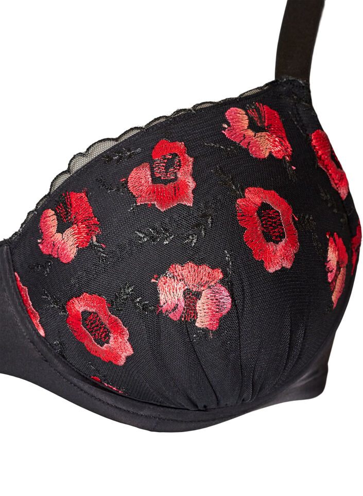 Vadderad bygel-BH med blommigt broderi, Svart, Packshot image number 2