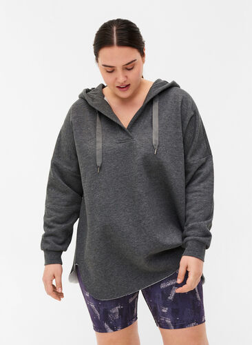 Sweatshirt med huva och slits, Dark Grey Melange, Model image number 0