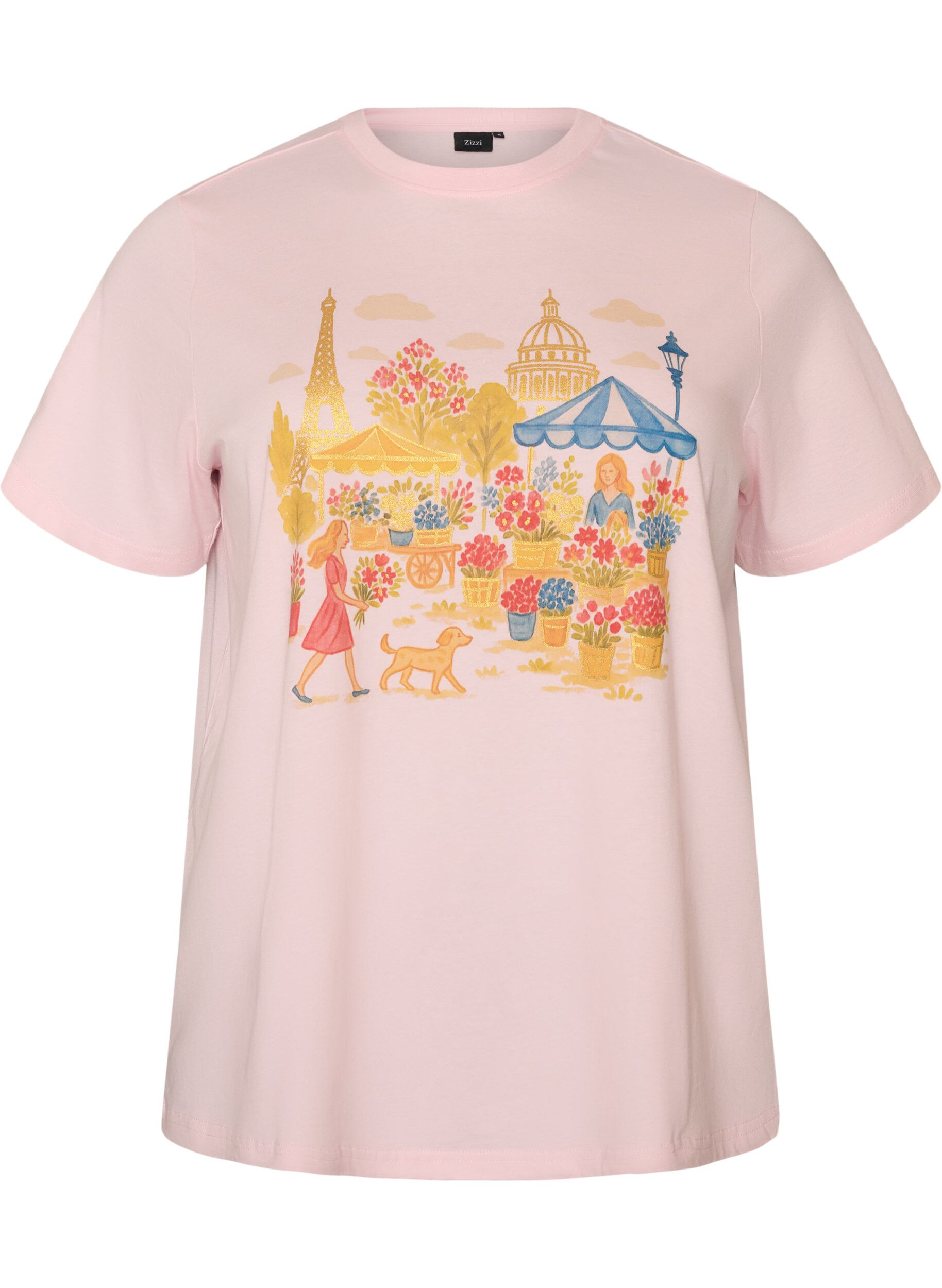 ZizziT-shirt i ekologisk bomull med tryck framtill, Rosa, Packshot image number 0