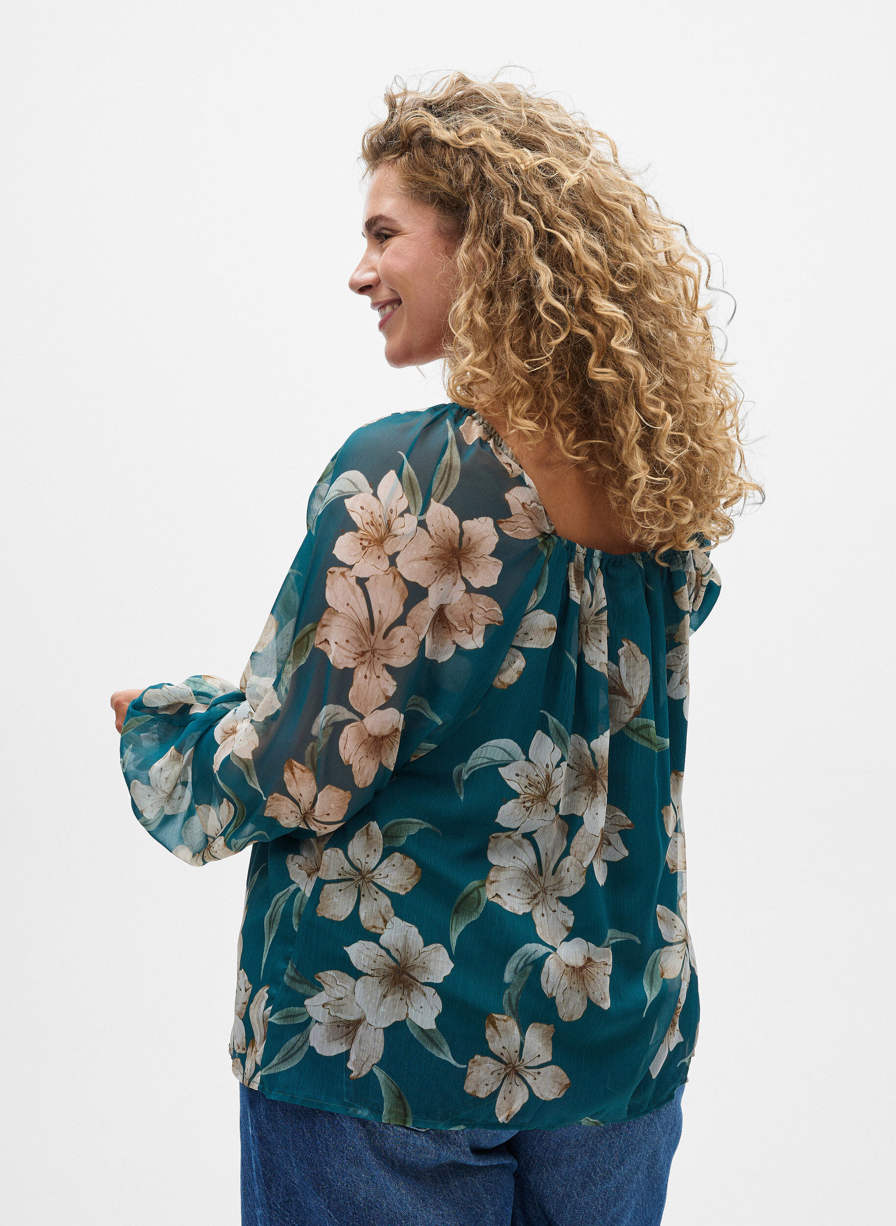 ZizziChiffongblus med blommigt tryck och l&aring;nga &auml;rmar, Gr&ouml;n, Model image number 2