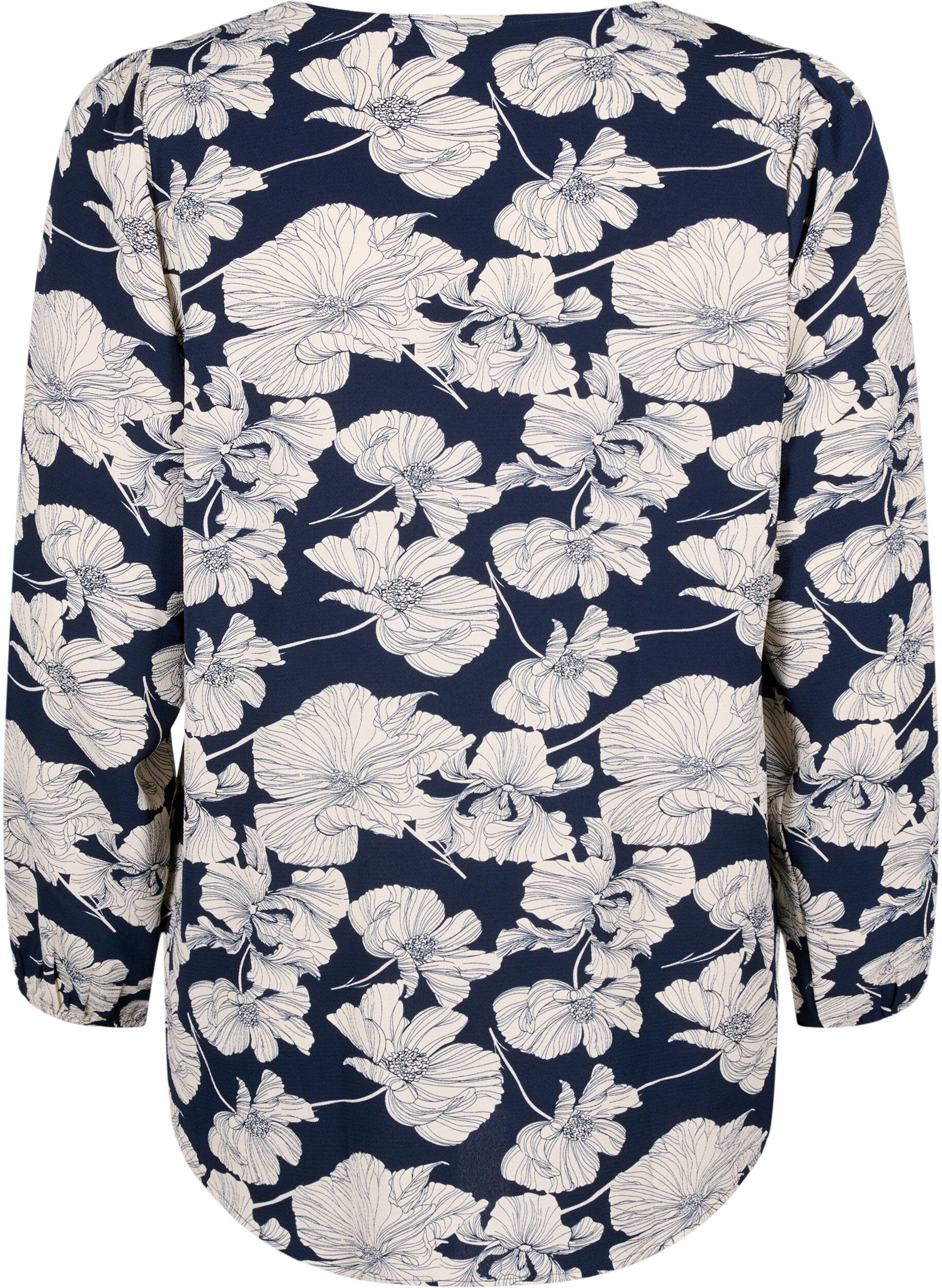 Zizzi Skjortblus med V-ringning och tryck, Navy B. Flower AOP, Packshot image number 1