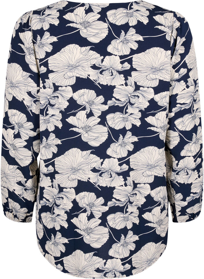 Skjortblus med V-ringning och tryck, Navy B. Flower AOP, Packshot image number 1
