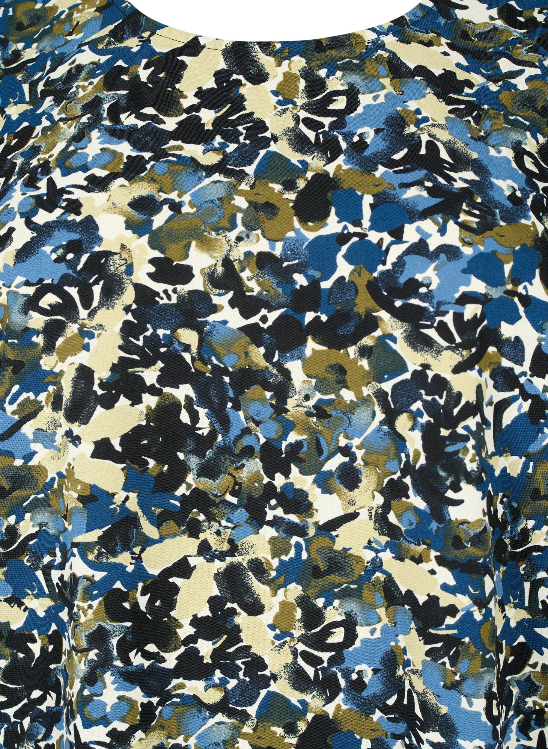 Zizzi Blus med puff&auml;rm, Blue Green AOP, Packshot image number 2