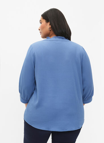Skjortblus med 3/4 ärmar och volangkrage, Moonlight Blue, Model image number 1