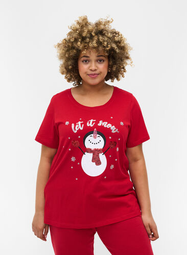 T-shirt med julmotiv i bomull, Tango Red Snowman, Model image number 0