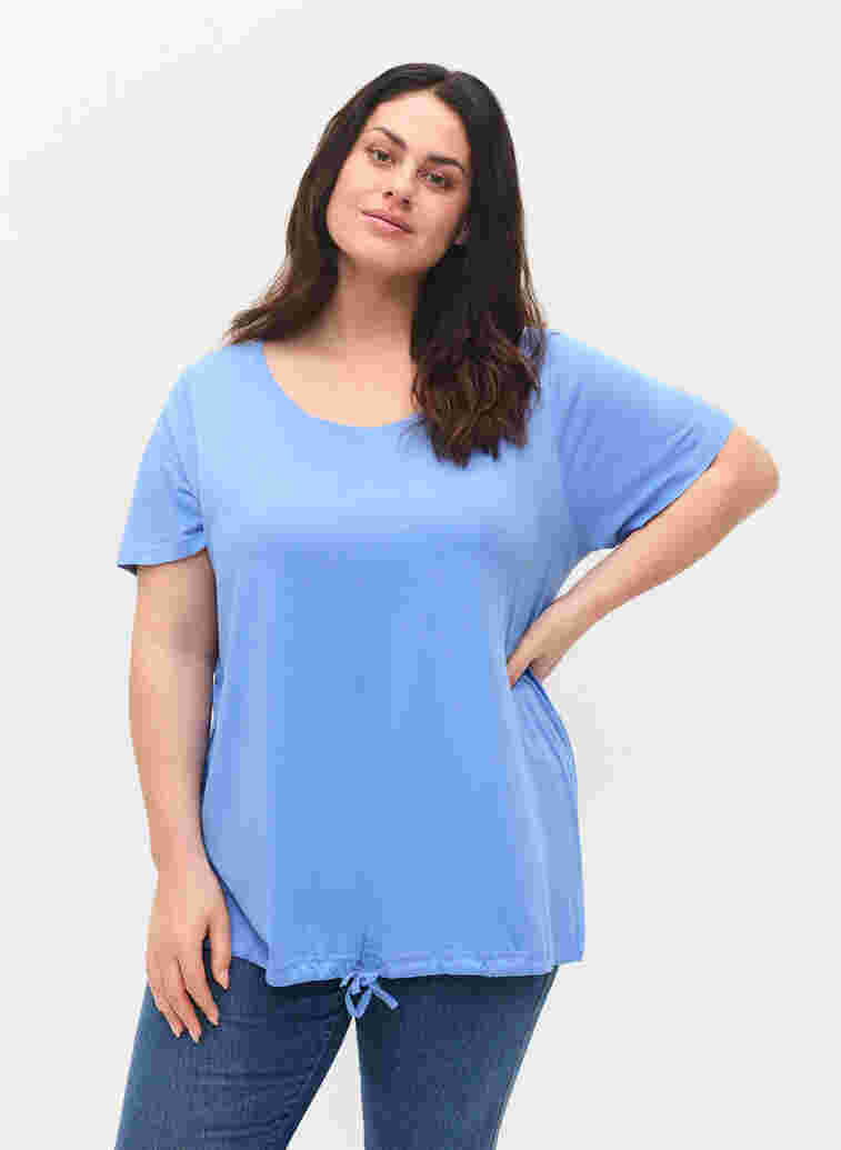 Kortärmad t-shirt med dragsko i nederkant, Ultramarine, Model