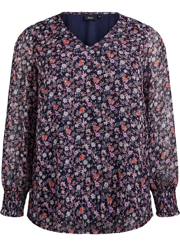 Blus med blomm&ouml;nster och glittertr&aring;d, Bl&aring;, Packshot image number 0