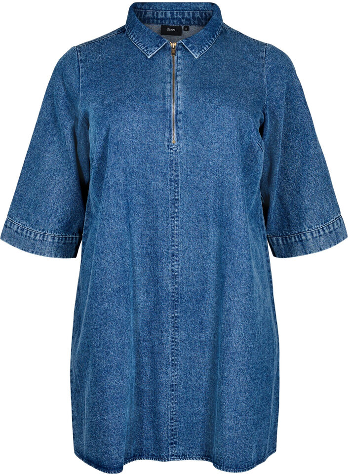 Kort denimkl&auml;nning med dragkedja och trekvarts&auml;rmar, Bl&aring;, Packshot image number 0