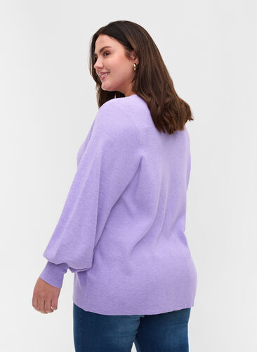 Stickad tröja med v-ringad hals och ballongärmar, Purple Rose Mel, Model image number 1