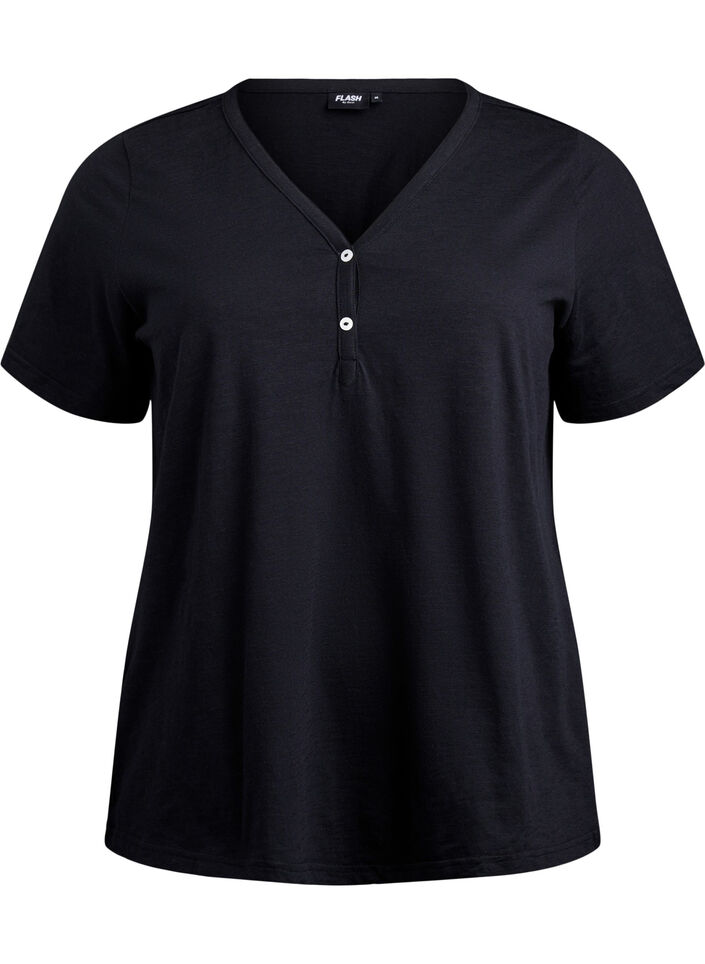 T-shirt med knappdetalj, Svart, Packshot image number 0