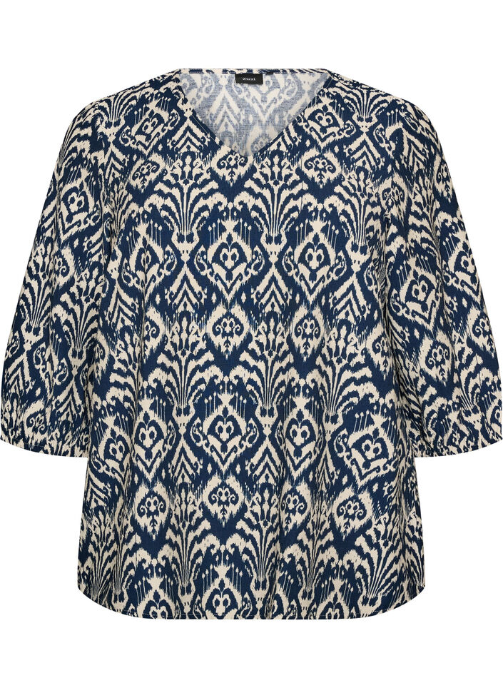 M&ouml;nstrad blus i viskos med 3/4-&auml;rmar, Bl&aring;, Packshot image number 0