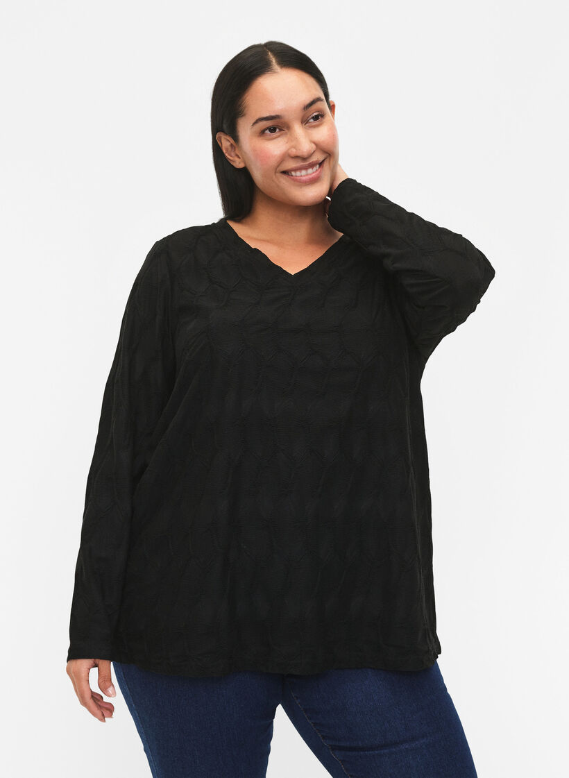 FLASH – Långärmad blus med struktur, Black, Model image number 0