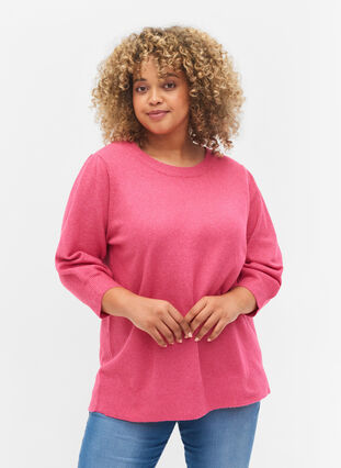 Melerad stickad tröja med 3/4-ärmar, Fandango Pink, Model image number 0