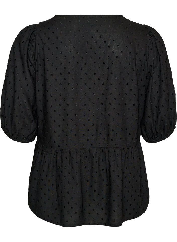 Blus i viskos med prickig textur och v-ringning, Svart, Packshot image number 1